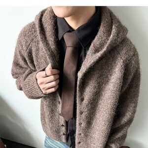 港风针织开衫拉链外套男秋冬季潮牌慵懒风毛衣高级感纯色连帽外套图片
