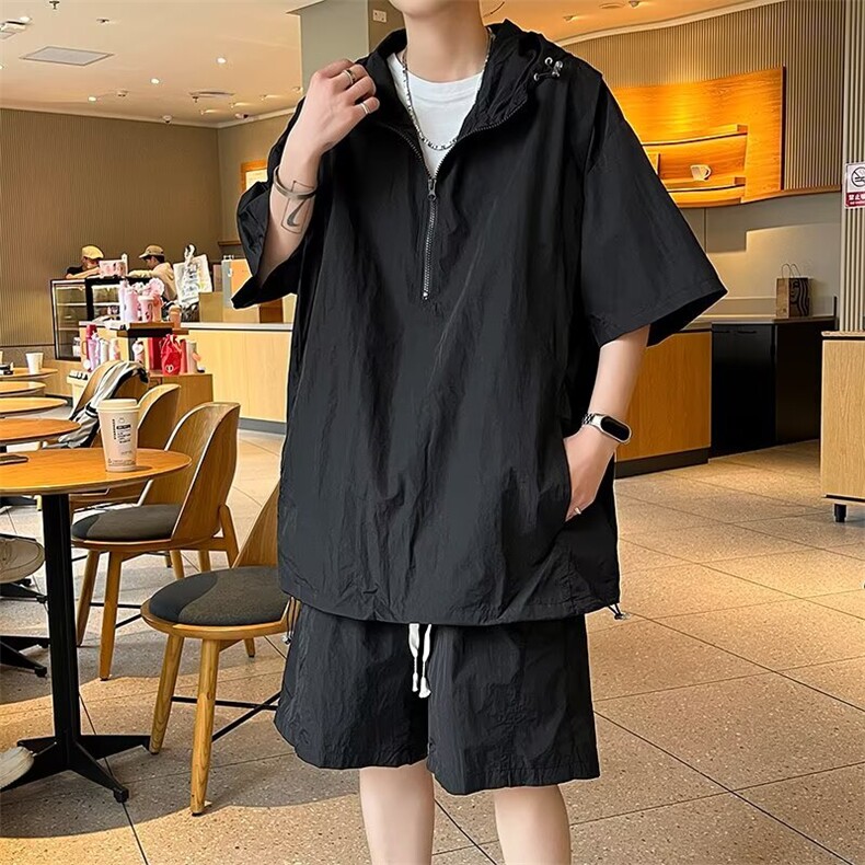 工装短袖套装男士夏休闲连帽速干防晒衣户外骑行运动服W6523-P50，男装休闲套装，星座412-2