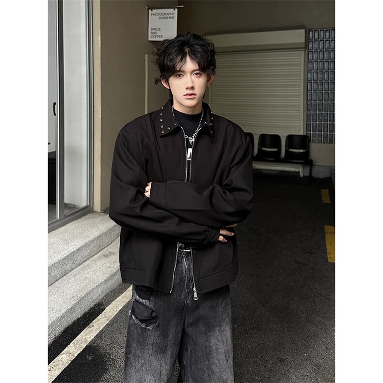WT04-P62TANGZSTUDIO黑色短款垫肩外套男设计感铆钉行政夹克,男装夹克,电商B323A