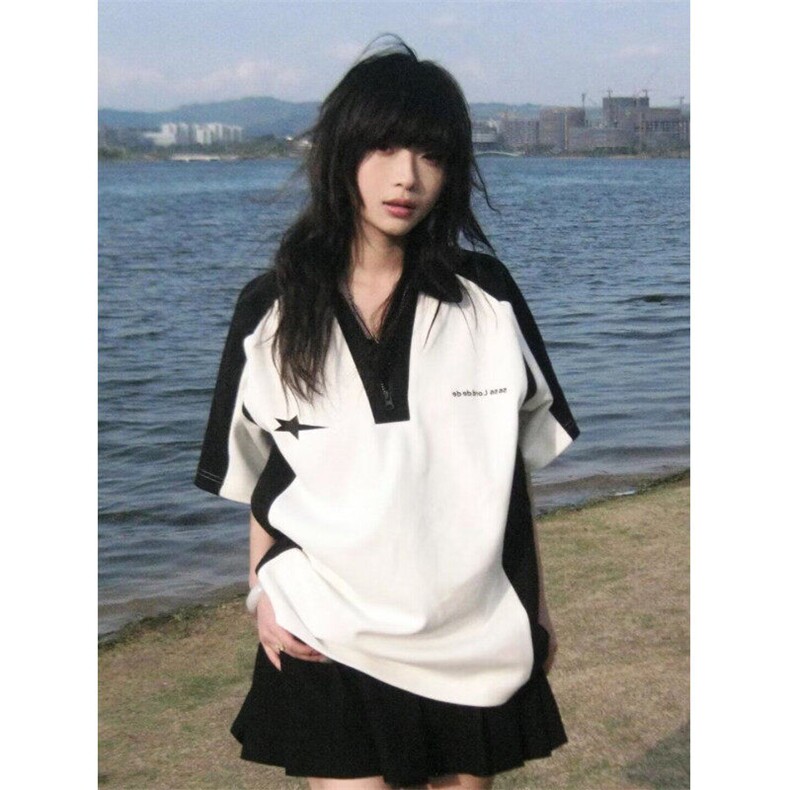 美式学院风撞色拼接polo领短袖T恤女宽松休闲情侣上衣PLD2299-P30图片