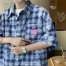 夏季美式复古男女宽松百搭短袖格子衬衫男女高街外套CS0118-P40，男装衬衫，星座308B-2