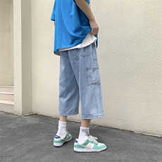牛仔短裤男夏季港风宽松直筒潮牌潮流阔腿七分裤工装休闲百搭裤子，男装牛仔裤，星座601-1