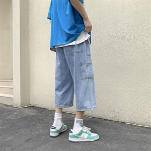 牛仔短裤男夏季港风宽松直筒潮牌潮流阔腿七分裤工装休闲百搭裤子图片