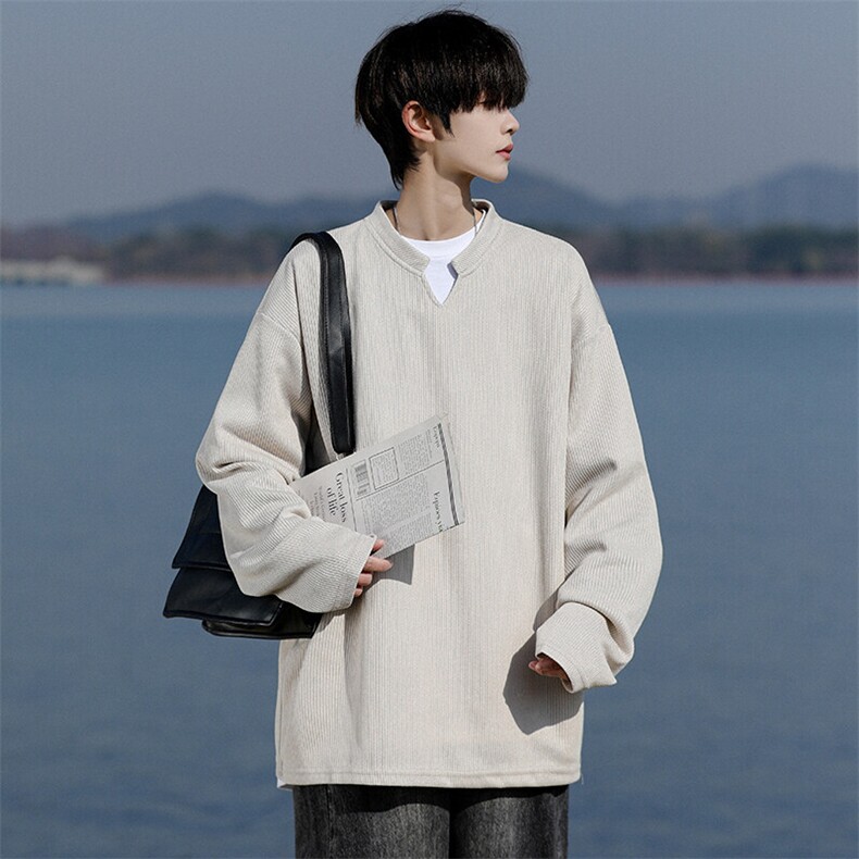 M-8XL春季高级感V领长袖大码麦穗条褶皱垂感冰丝T恤TX3102/特P35,男装T恤,电商B238