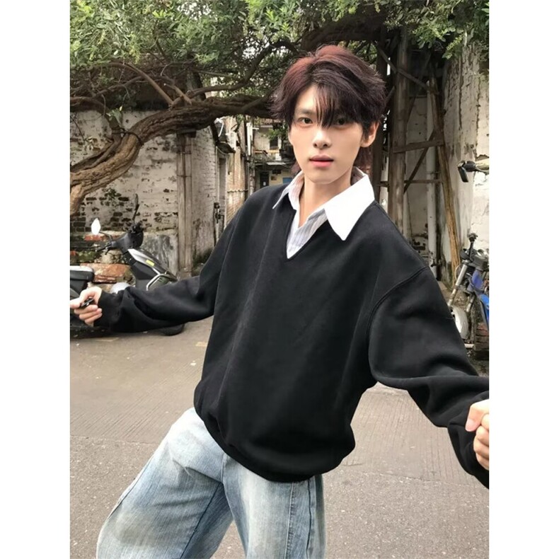 布老哥Blog春季美式假两件叠穿卫衣宽松慵懒风显高套头上衣,男装卫衣,四季星座505