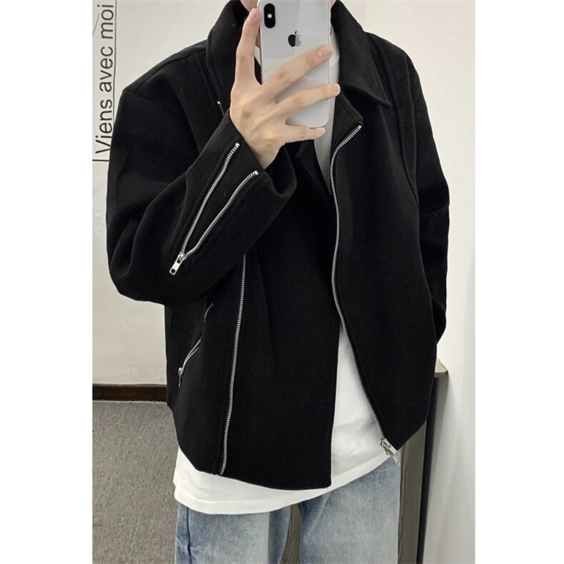 毛呢短款夹克外套斜拉链解构设计感黑色翻领外套DY193-P90,男装夹克,星座1213