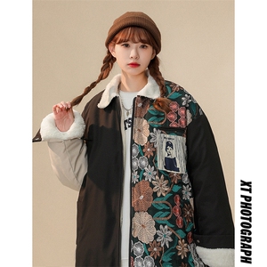 1中性风刺绣拼接翻领羊羔毛大码M-5XL棉服外套女8723P110控148图片