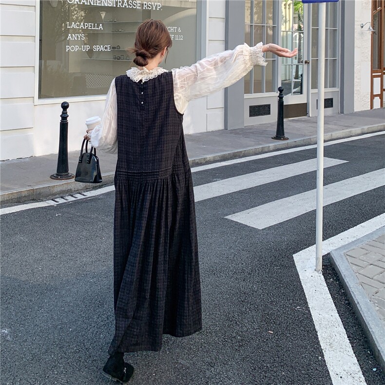 秋装2025新款韩系chic高级感黑色背心连衣裙叠穿蕾丝拼接衬衫套装,女装套装/套裙,2C375