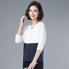 2021年春季通勤韩版圆领拼色长袖T恤女打底经典厚款上衣，女装T恤，伊满意