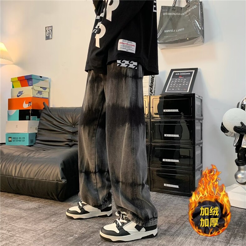 牛仔裤男秋冬季扎染美式hiphop裤子宽松直筒裤潮N885-P45 加绒55图片