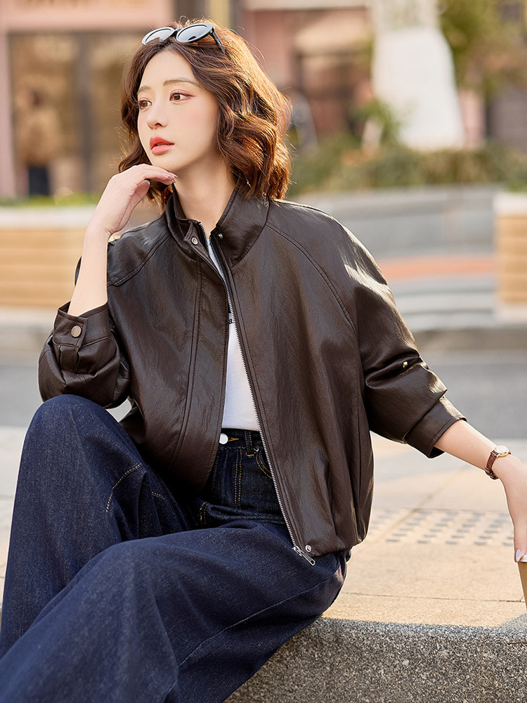 现货高级感酷飒风立领PU皮衣外套女短款春秋季新款机车风休闲夹克,女装皮衣,韩蔻秀