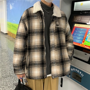 oversize棉服男士冬装加绒复古格子棉衣羊毛羔外套男  W6144-P79图片