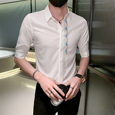 黑夏季新款男士刺绣五分袖衬衫男休闲中袖寸衣301A-1/CS363/P55，男装衬衫，星座301A-1
