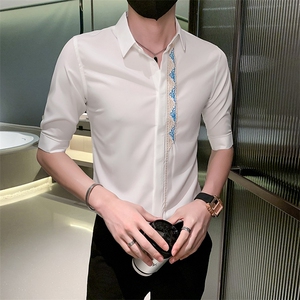黑夏季新款男士刺绣五分袖衬衫男休闲中袖寸衣301A-1/CS363/P55,小女孩锁骨衣搭配图片