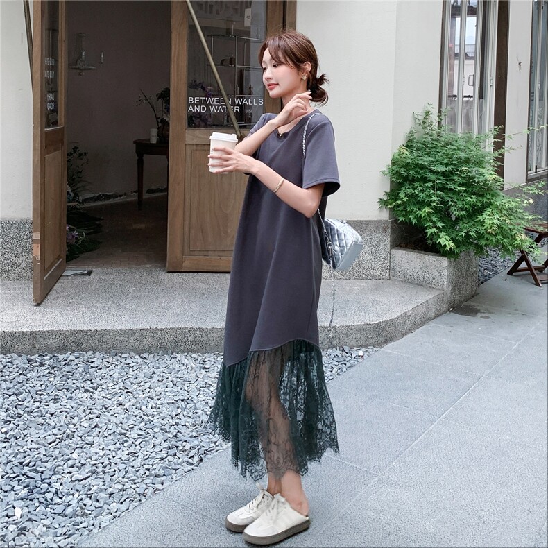 减龄气质感蕾丝拼接灰色卫衣连衣裙女夏2025新款爆款甜美超火长裙,女装连衣裙,2C272