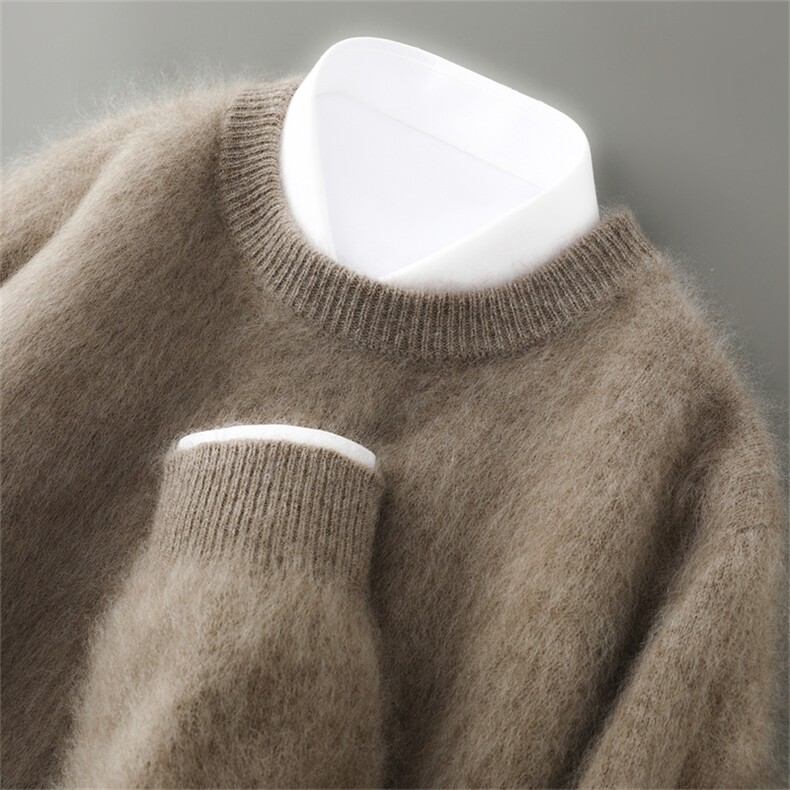 2025年秋季新款七针加厚拉毛针织男士圆领上衣时尚休闲通勤百搭，男装羊毛衫，雅邦羊绒