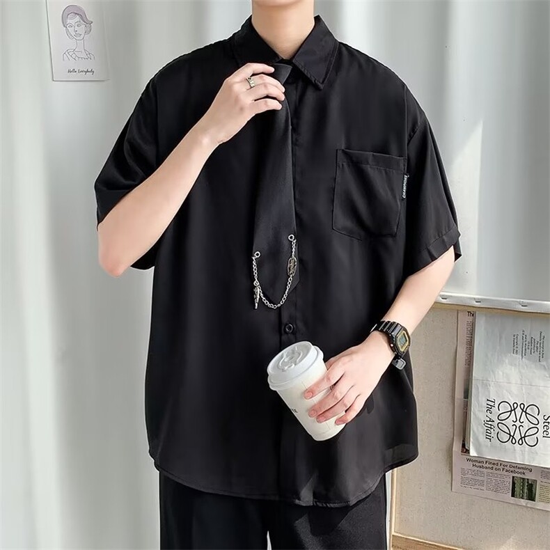 日系五分袖春夏季新款衬衫潮流慵懒男方领宽松型衬衫ADK02P30图片