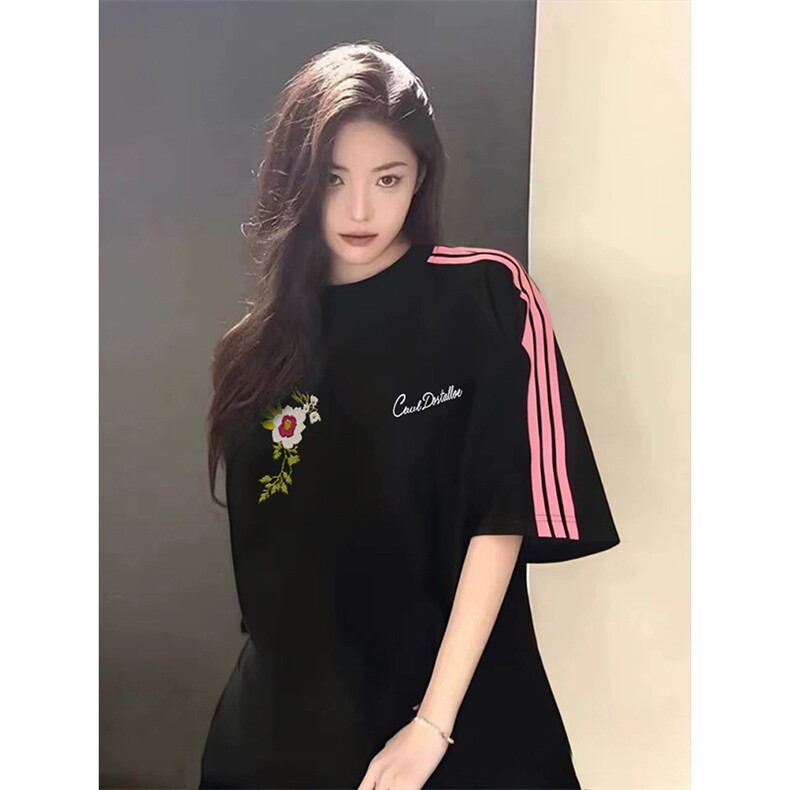 抖音得物品质二开240克宽松纯棉美式潮牌印花三条杠中性风短袖T恤,男装T恤,电商A486