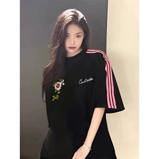 抖音得物品质二开240克宽松纯棉美式潮牌印花三条杠中性风短袖T恤，男装T恤，电商A486
