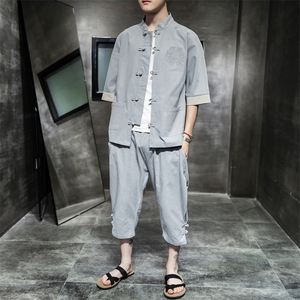 汉服男男士唐装男短袖套装风外套披风裤子刺绣套装 A811 P85图片