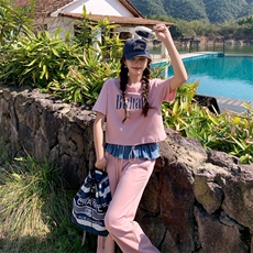 2025新款夏季设计感字母印花拼接T恤套装女洋气减龄阔腿裤两件套，女装套装/套裙，2C057