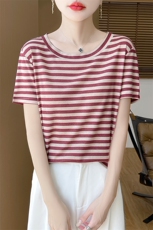 条纹舒服T~拼接撞色超细精纺纱线圆领短袖女宽松显瘦休闲T恤上衣，女装针织衫/毛衣，朝贺羊绒