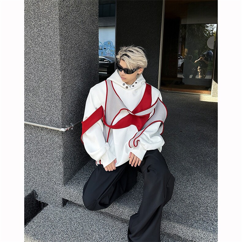 拼接撞色垫肩卫衣男连帽春秋款飘带解构设计感小众高级感痞帅外套,男装卫衣,电商B288