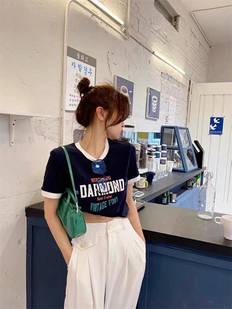 夏季新款复古印花短T棉麻条纹T，女装，12PJL