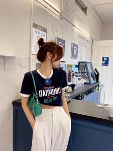 夏季新款 复古印花短T 棉麻条纹T图片