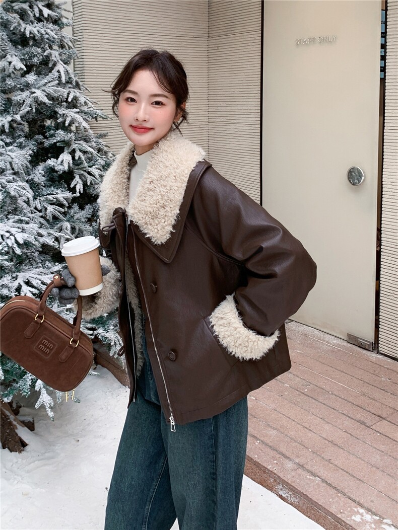 羊羔毛翻领加绒加厚皮衣外套女冬美拉德复古气质洋气上衣,女装皮衣,慧峰