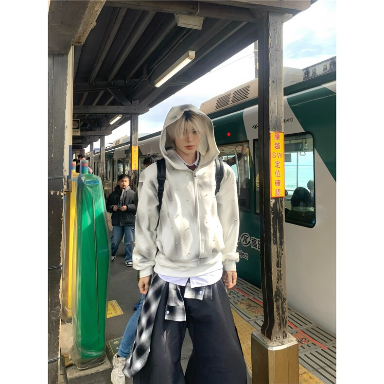 美式高街复古扎染珍珠点缀喷绘连帽卫衣男女休闲百搭宽松开衫上衣，男装卫衣，星座506A