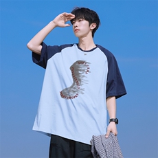 抖音得物高品质二开240克宽松纯棉美式潮牌插肩袖拼接短袖T恤，男装T恤，电商A486-1