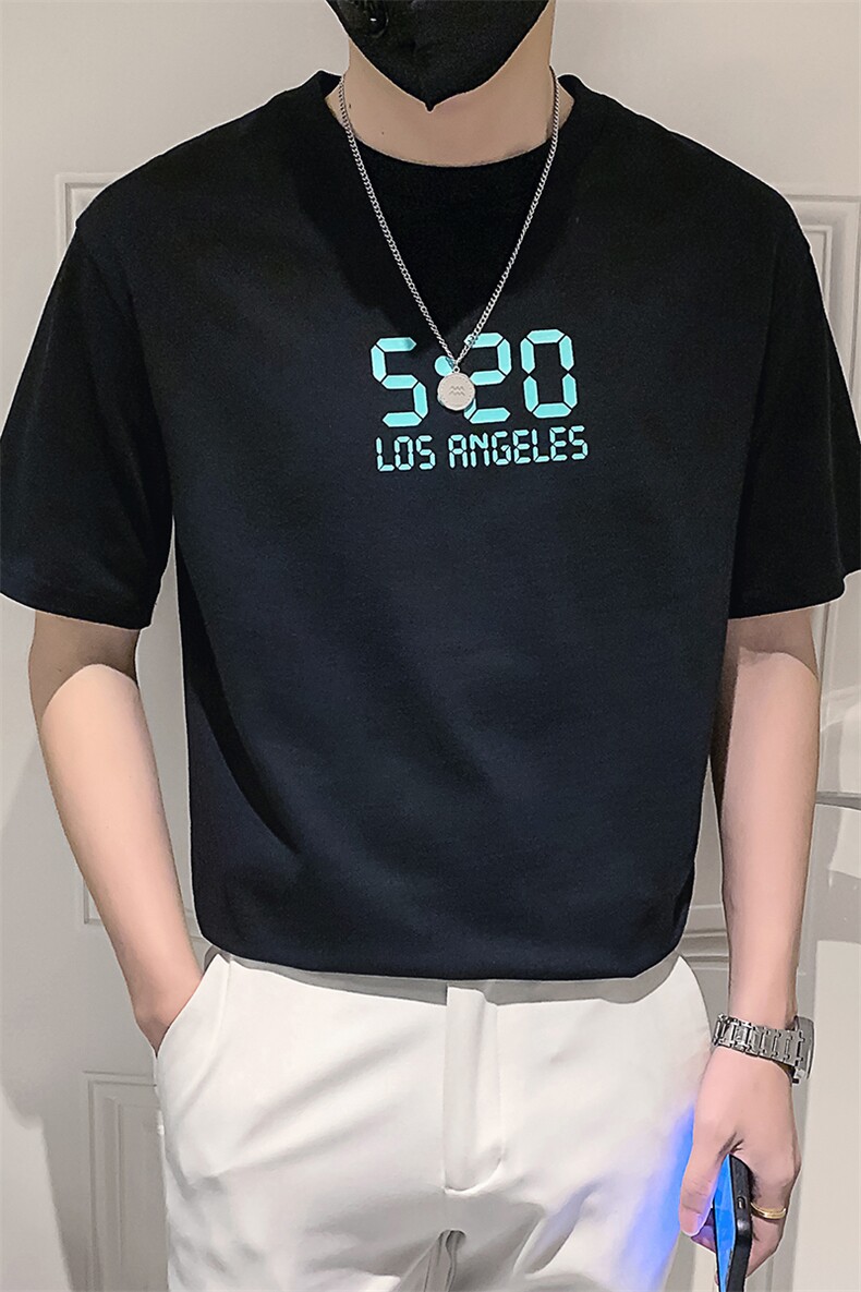 黑色2023精神小伙修身男士圆领印花短袖T恤打底衫潮T092-P48控68,男装T恤,电商A108