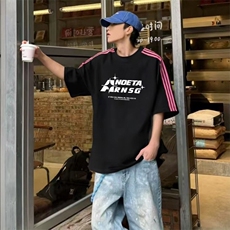 抖音得物品质二开240克宽松纯棉美式潮牌印花三条杠中性风短袖T恤，男装T恤，电商A486-1