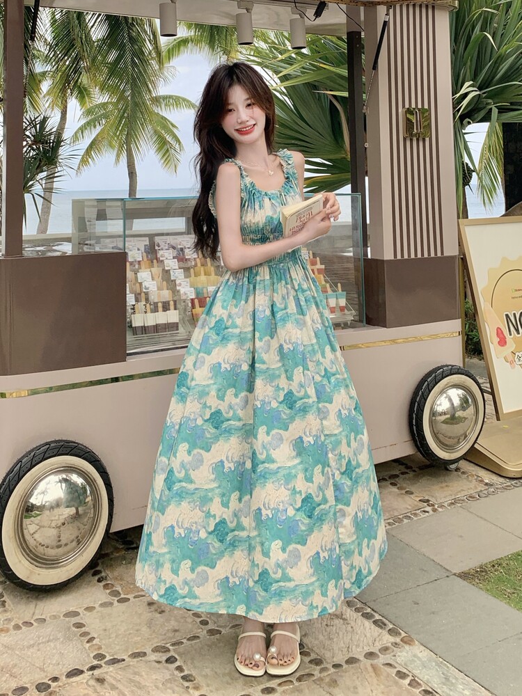 超仙浪漫油画无袖吊带裙女夏季新款度假风森系绝美小个子连衣裙,女装连衣裙,浙宝210（原浙宝191）