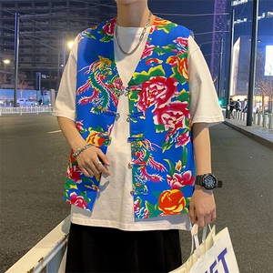 夏新东北大花布马甲修身背心马甲坎肩盘扣演出服男女大码外衣MJ02图片