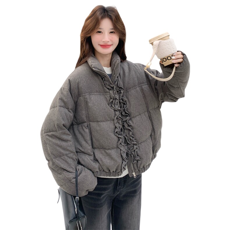 灰色立领木耳边短款羽绒服女2026新款90绒保暖显瘦小个子外套,女装羽绒服,2C166