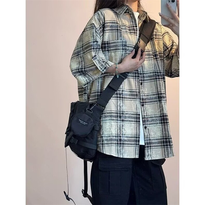 夏款格子短袖衬衫男生潮流青少年百搭宽松五分袖休闲上衣LS39P36,男装T恤,星座1013-5
