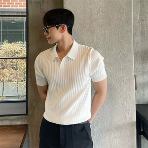 老钱风纯色条纹V领针织男短袖翻领上午冰丝Polo衫PL91/P48图片