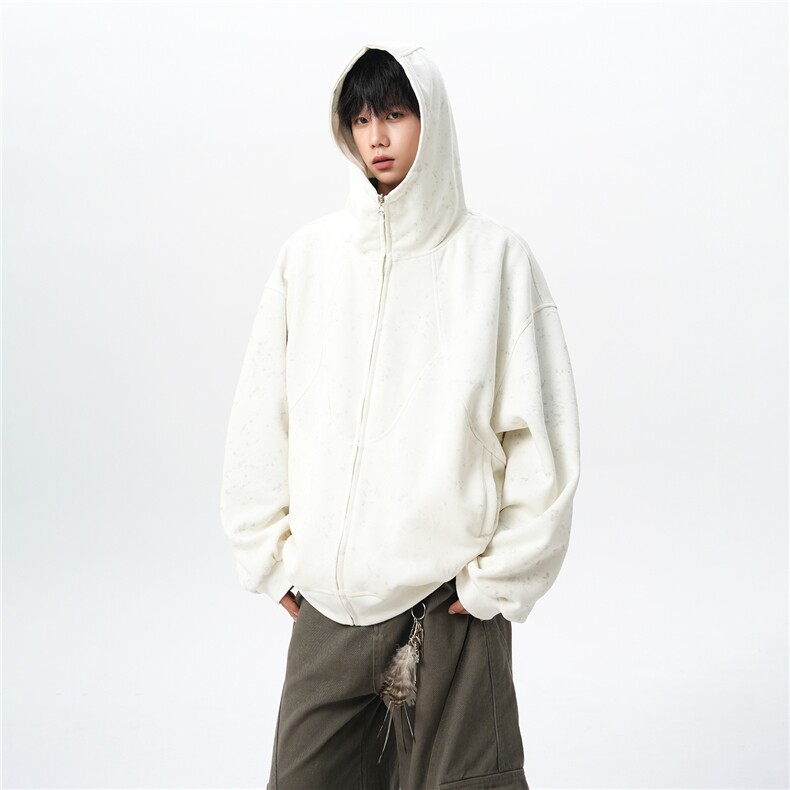特批扎染连帽开衫卫衣男美式重磅解构拼接脏脏拉链外套KS007-TP68，女装短外套，电商B312