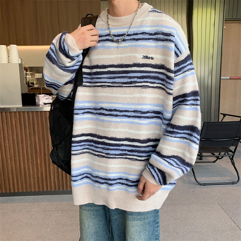 潮牌秋季情侣街头嘻哈宽松休闲彩色条纹外套毛衣NY05603-P52,男装针织衫/毛衣,星座308B-1
