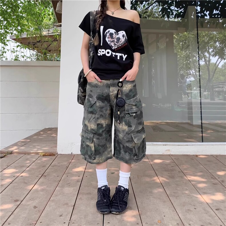 美式复古晕染迷彩重工宽松多口袋牛仔裤女男直筒工装炮弹裤七分裤,男装牛仔裤,星座506A