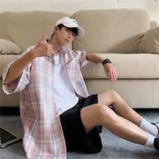 夏季薄款短袖格子衬衫男复古ins港风宽松长袖CW1097，男装衬衫，星座1116A-1（原606A）