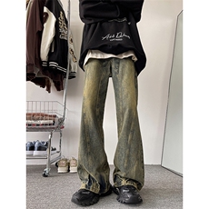 牛仔裤男韩版高街染黄泥直筒拼接秋冬2024新款ins长裤RK1502-P59，男装牛仔裤，星座412-2