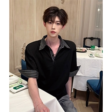 得物抖音高品质二开夏季美式潮牌假两件条纹衬衫翻领高街短袖T恤，男装T恤，电商A486