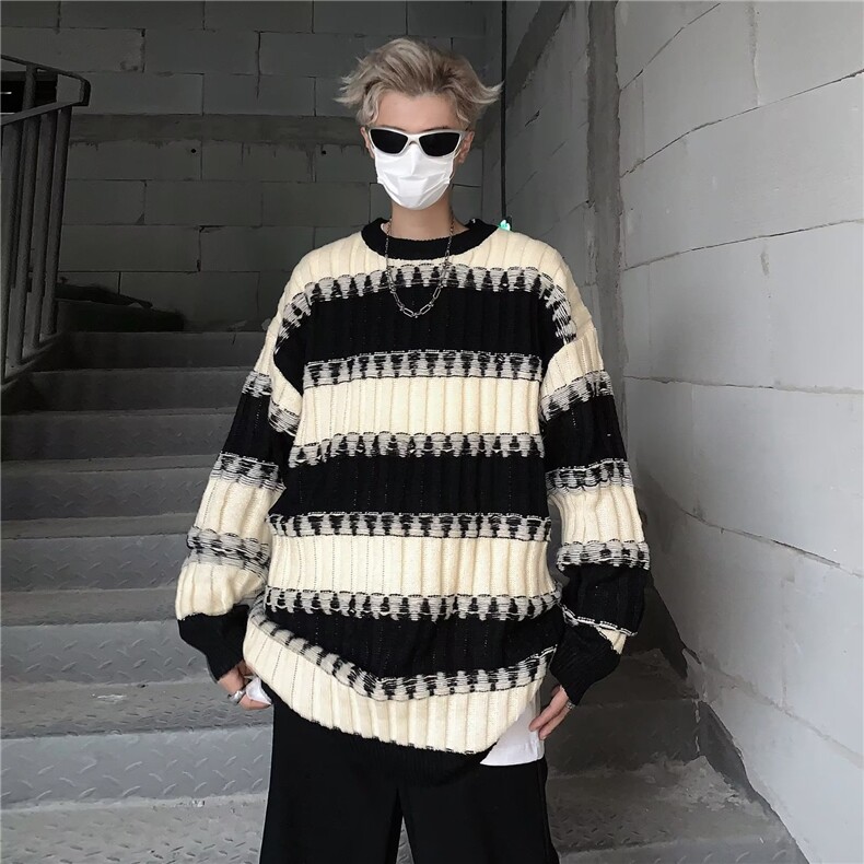 撞色条纹毛衣男女秋冬季潮牌宽松设计感圆领针织衫慵懒风情侣外套,男装针织衫/毛衣,星座506A