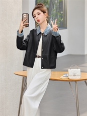 现货外套女2026新款春拼接牛仔简约翻领软皮衣夹克上衣女装PU，女装皮衣，依万里