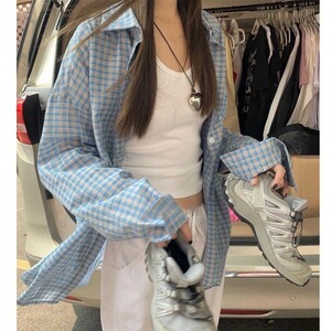 蓝色格子衬衫上衣男女2024新款夏季薄款慵懒休闲宽松衬衣防晒外套图片