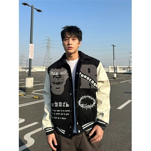 新款美式拼接撞色春秋黄色潮牌设计感男女同款宽松外套刺绣版,PCB设计感穿搭夏天图片
