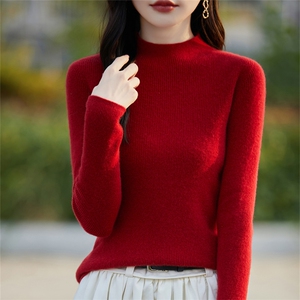 一线成衣精纺羊毛衫针织毛衣女半高领坑条针织打底安迪绒长袖上衣图片